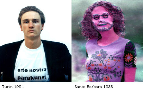 [Portrait: links, Thomas Feuerstein mit Arte Nostra T-Shirt, Turin 1994; rechts, Thomas Feuerstein als Cyberhippie, Santa Barbara 1988 ]