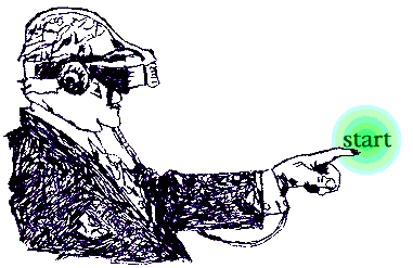 The drawing in ballpoint depicts a person with cybergoggles who is pressing a start button with his finger.